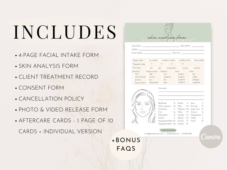 Facial Treatment Forms | Editable Esthetician Templates | Printable Skincare Consent Forms | Facial Consultation Form | Beauty Salon Forms