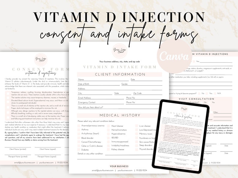 Vitamin D Injection Informed Consent Forms, Vitamin D Client Consultation Form, Vitamin D3 Shot Medical Consent Form, Editable Vit D Intake