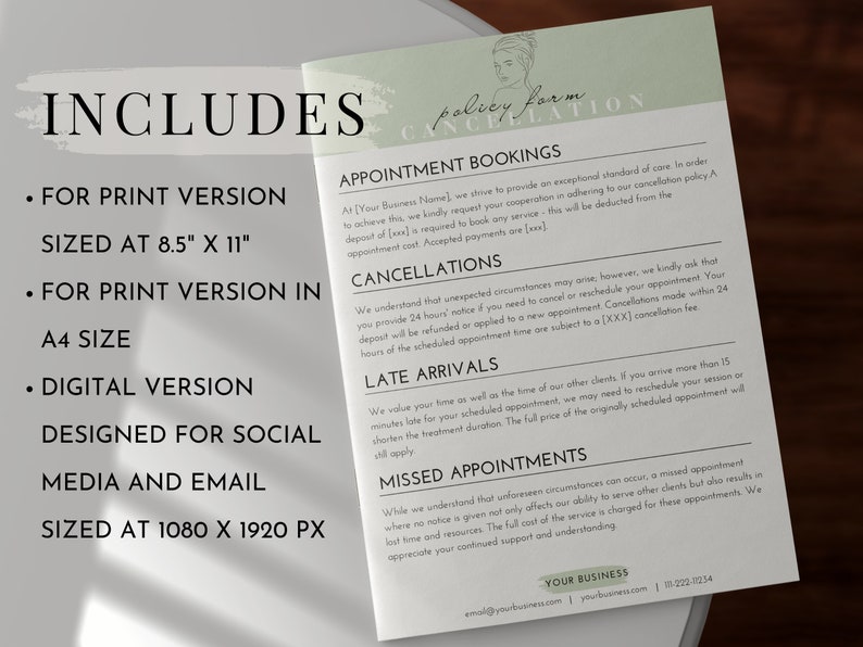 Editable Cancellation Policy Form, Printable Esthetician Templates