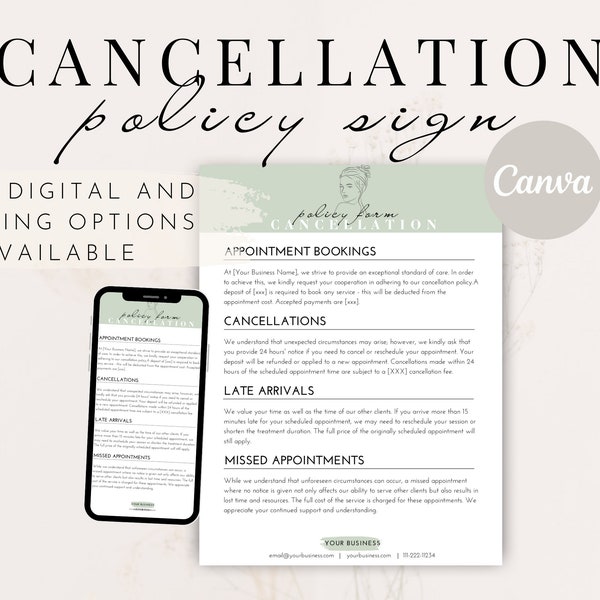 Editable Cancellation Policy Form, Printable Esthetician Templates, Beauty Nail Hair Salon Policy Sign, Cancelation Spa Policies Template