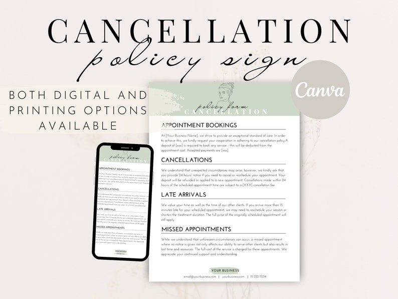 Editable Cancellation Policy Form, Printable Esthetician Templates, Beauty Nail Hair Salon