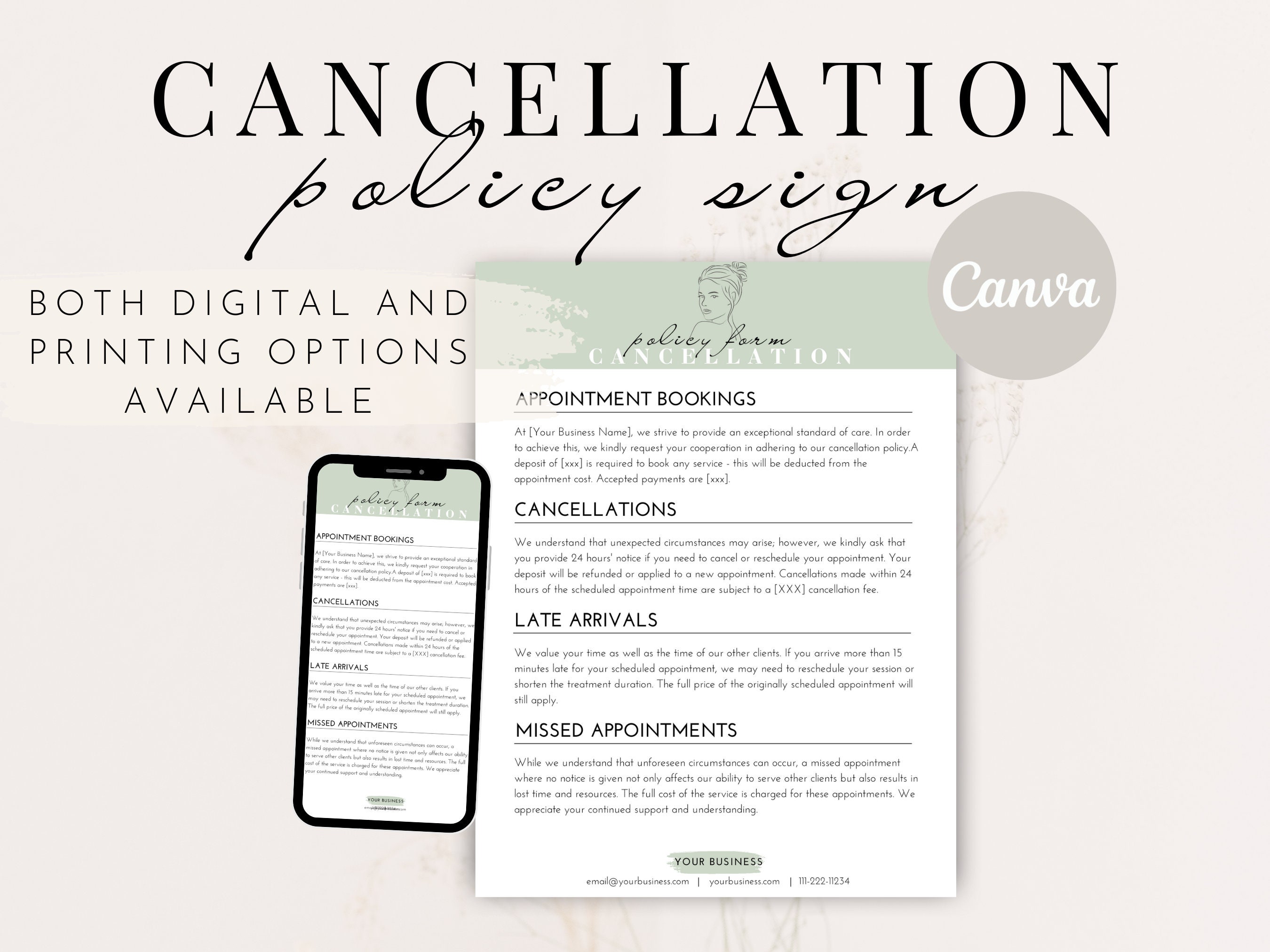 Editable Cancellation Policy Form, Printable Esthetician Templates
