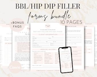 Editable BBL Hip Dip Filler Consent Intake Form Bundle, Brazilian Butt Lift Liquid BBL Enhancement Pre-care Aftercare, Dermal Template Canva