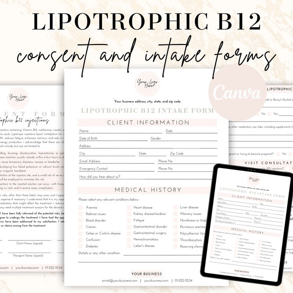 Lipotrophic Vitamin B12 Shot Consent Forms, Weight Loss Injection Forms, Editable Client Intake Form, Liability Release Med Spa Template