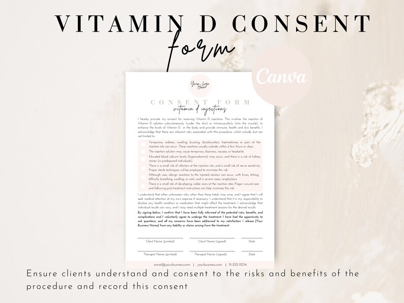 Vitamin D Injection Informed Consent Forms, Vitamin D Client Consultation Form, Vitamin D3 Shot Medical Consent Form, Editable Vit D Intake
