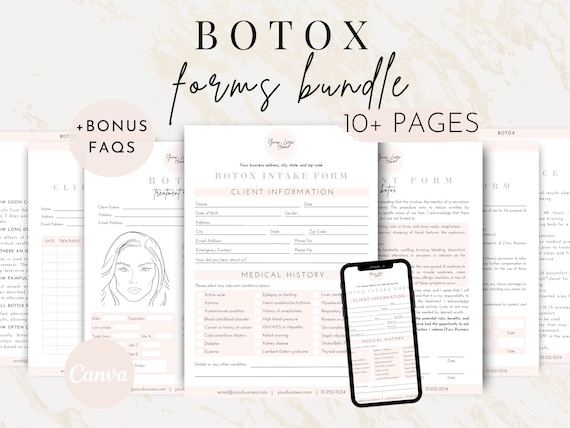 Editable Botox Neurotoxin Consent Intake Form, Botox Pre + Aftercare, Aesthetic Nurse Injector Medspa Record, Botox Treatment Business Canva