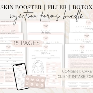May include: A set of 15 printable forms for skin booster, filler, and botox injections. The forms include client intake, consent, and treatment record forms. The forms are designed in a modern, minimalist style with a pink and white colour scheme.
