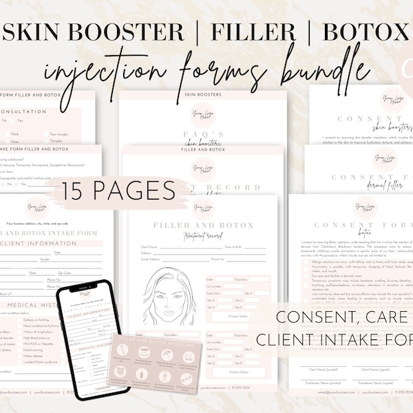 Editable Botox and Dermal Filler Consent Intake Bundle, Injectable Skin Booster Treatment Record, Aftercare, Esthetician Neurotoxin Consult