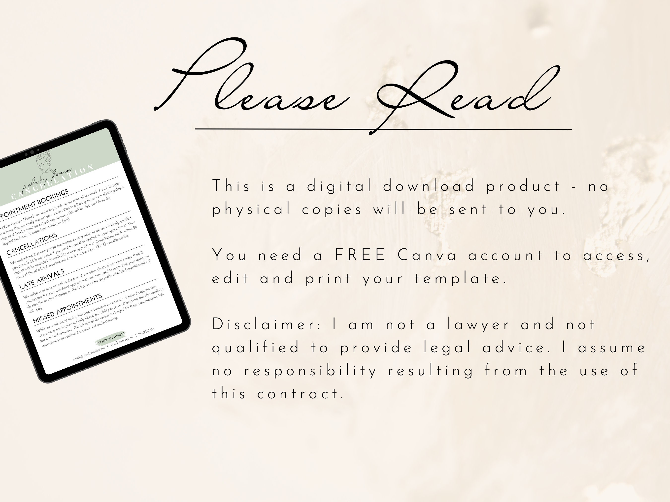 Editable Cancellation Policy Form, Printable Esthetician Templates, Beauty Nail Hair Salon