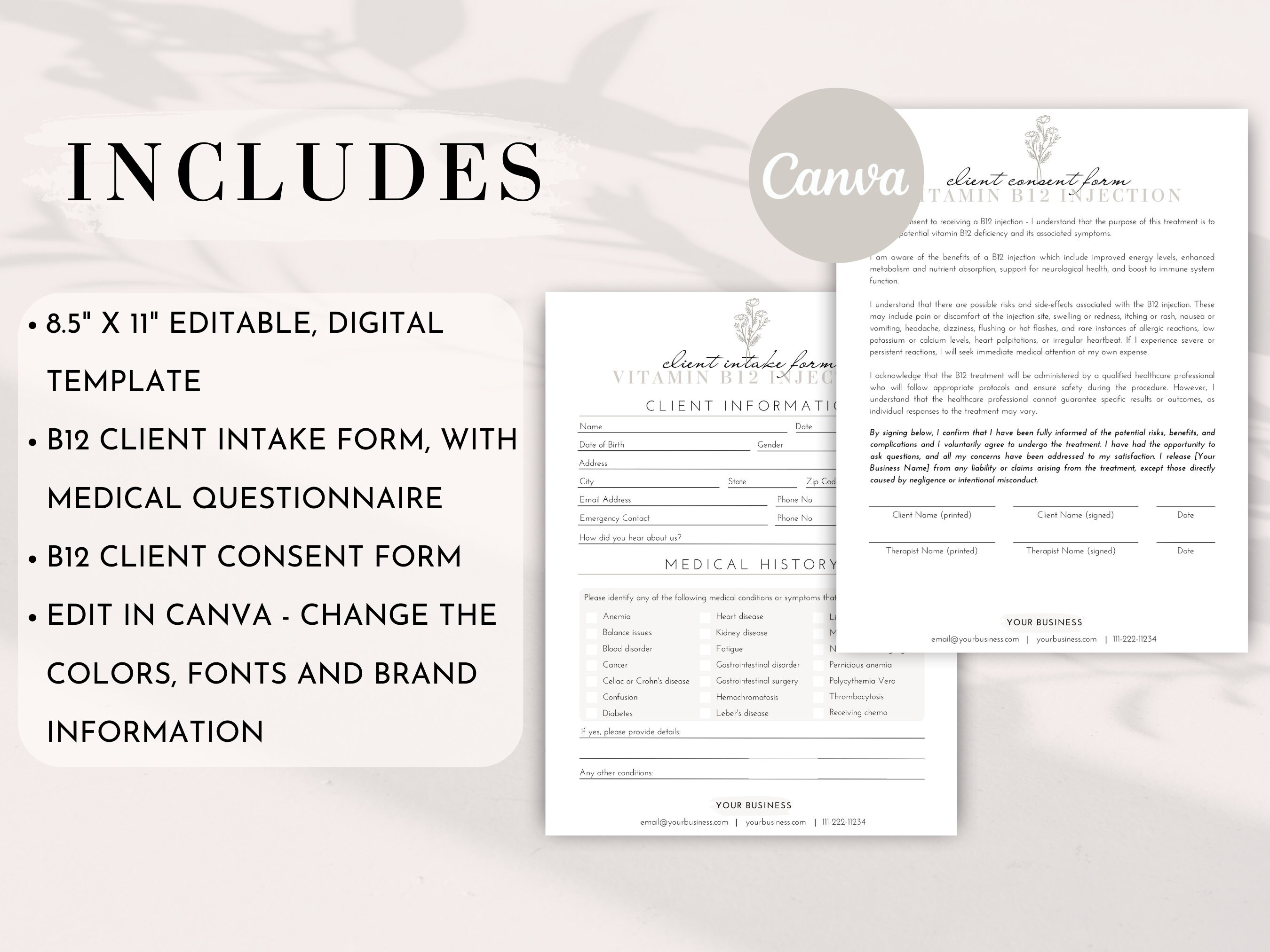 B12 Shot Consent Forms, Vitamin B12 Injection Forms, Client Intake Form
