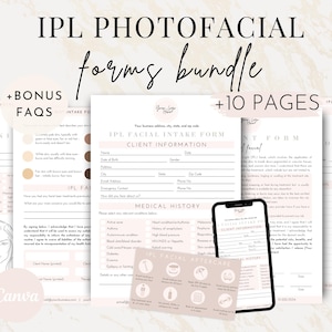 Puede incluir: Un conjunto de formularios imprimibles para tratamientos IPL Photofacial. Los formularios incluyen un formulario de admisión del cliente, un formulario de historial médico y un formulario de consentimiento. Los formularios están diseñados en un esquema de color rosa y blanco con una estética moderna.