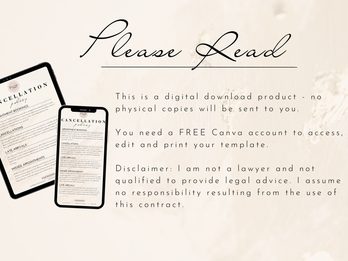 Editable Salon Cancellation Policy Form, Printable Esthetician