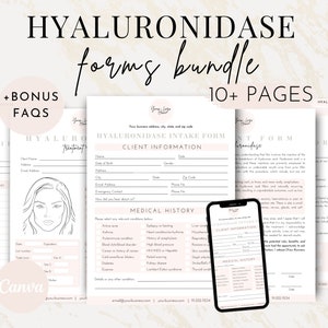 May include: A pink and white printable bundle of forms for Hyaluronidase treatments. The bundle includes a client intake form, medical history form, and consent form. The forms are designed to be used by beauty professionals.