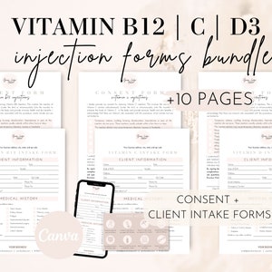 Vitamin C D3 B12-Injektionen Zustimmungs- und Einnahmeformulare, Vit C Vit D3 Vit B12-Schusskundenformulare, bearbeitbare druckbare Med Spa-Klinik-Salonformulare