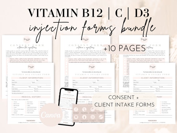 Vitamin C D3 B12 Injections Consent and Intake Forms, Vit C Vit D3 Vit B12  Shot Client Forms, Editable Printable Med Spa Clinic Salon Forms