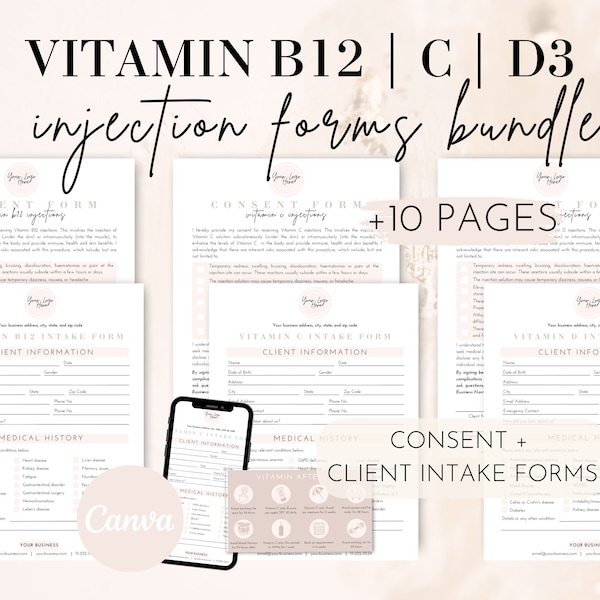 Vitamin C D3 B12 Injections Consent and Intake Forms, Vit C Vit D3 Vit B12 Shot Client Forms, Editable Printable Med Spa Clinic Salon forms