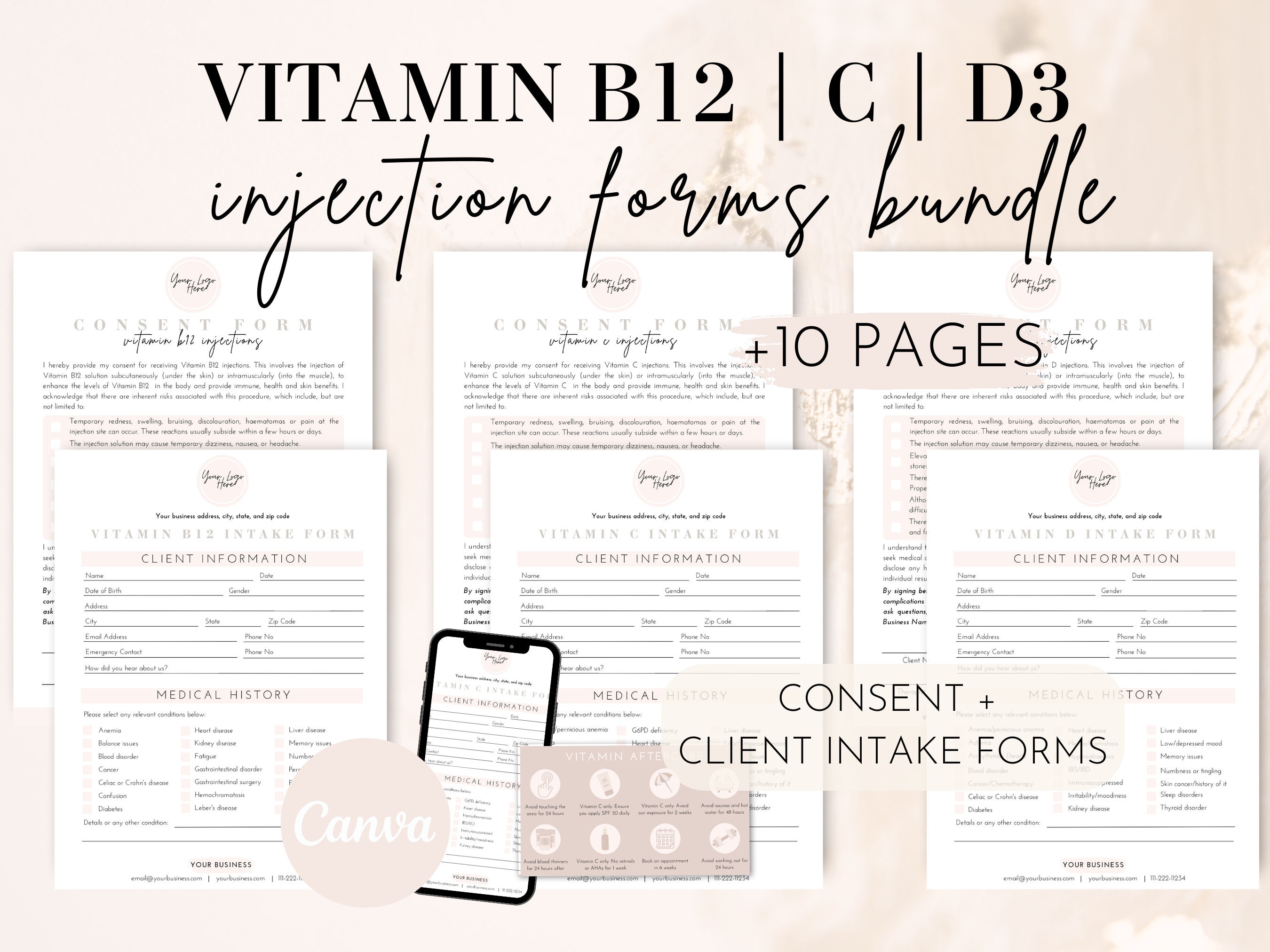 Vitamin C D3 B12 Injections Consent and Intake Forms, Vit C Vit D3 Vit