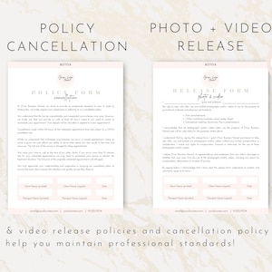 May include: Two printable forms for a business, one for a photo and video release and one for a cancellation policy. Both forms have the text "BOTOX" and "Your Logo Here" at the top.
