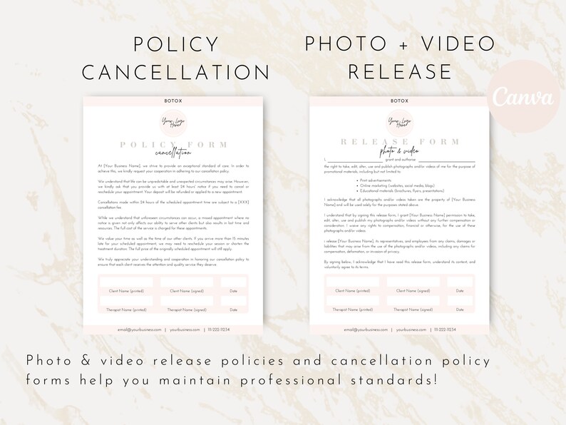 May include: Two printable forms for a business, one for a photo and video release and one for a cancellation policy. Both forms have the text "BOTOX" and "Your Logo Here" at the top.