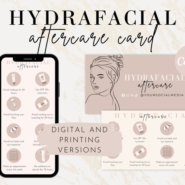 Tekstbare gezichtsnazorgadvieskaart, afdrukbare Hydrafacial nazorgkaart Canva, digitale bewerkbare schoonheidsspecialistezorgkaart Hydradermabrasie