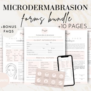 Puede incluir: Un conjunto de formularios imprimibles para tratamientos de microdermoabrasión. Los formularios incluyen un formulario de admisión del cliente, historial médico e instrucciones de cuidado posterior. Los formularios están diseñados con una estética minimalista y presentan un esquema de color rosa y blanco. El texto en los formularios incluye "Formulario de admisión de microdermoabrasión", "Información del cliente", "Historial médico" y "Cuidado posterior a la microdermoabrasión".