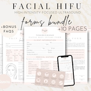 May include: A set of printable forms for a facial HIFU treatment. The forms include a client intake form, a medical history form, and a treatment consent form. The forms are designed in a minimalist style with a pink and white color scheme. The text on the forms is clear and easy to read. The forms are perfect for any esthetician or spa owner who offers HIFU treatments.