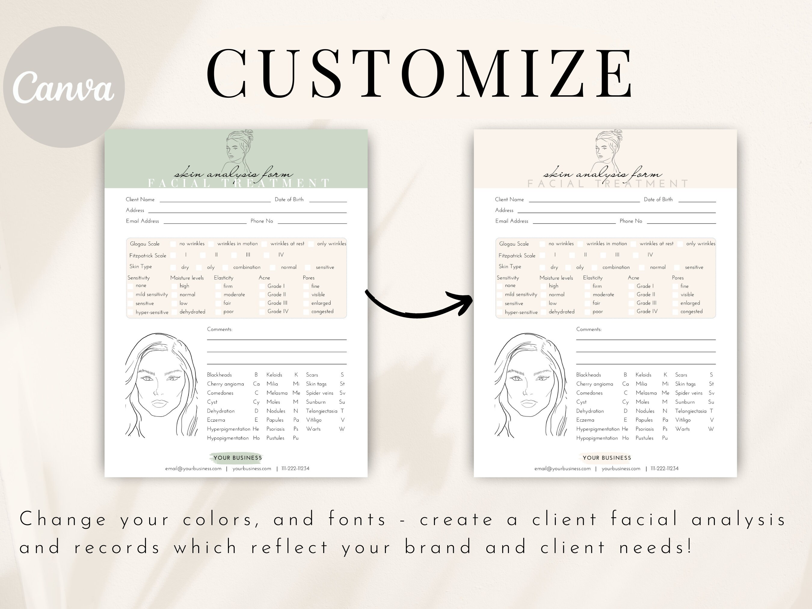 Editable Facial Skin Analysis Form, Esthetician Forms Face Mapping ...