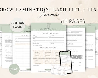 Brow Lamination Lash Lift Tint Forms - Editable Lash Consent forms, Brow Lash Tech Consultation, Esthetician Templates, Aftercare card