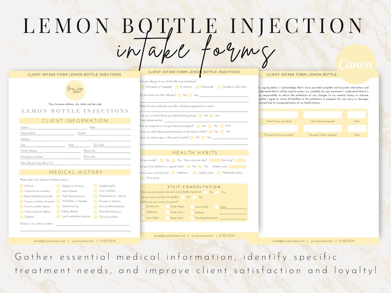 Lemon Bottle Fat Dissolving Consent Treatment Forms, Editable Client Consultation Intake Form Canva, Lemon Bottle Aftercare Informed Consent, Beauty business forms, fat dissolving forms, weight loss business