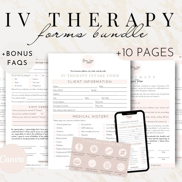 IV Therapy Consent Intake Forms Bundle, Intravenous Therapy Client Consultation, IV Hydration Therapy Form, IV Drip Editable Canva Aftercare