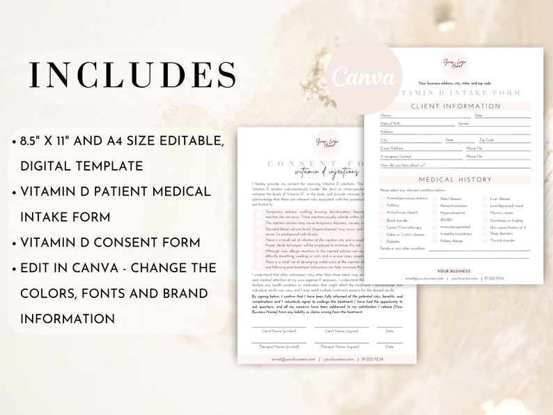 Vitamin D Injection Informed Consent Forms, Vitamin D Client Consultation Form, Vitamin D3 Shot Medical Consent Form, Editable Vit D Intake