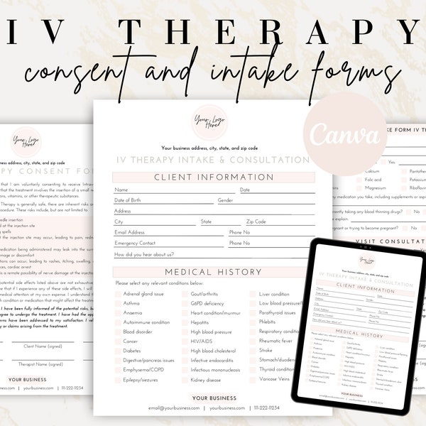 IV Therapy Consent Form, Intravenous Therapy Client Forms, Iv Infusion Consent, IV Hydration Canva, Iv Drip Consultation, Editable, Intake