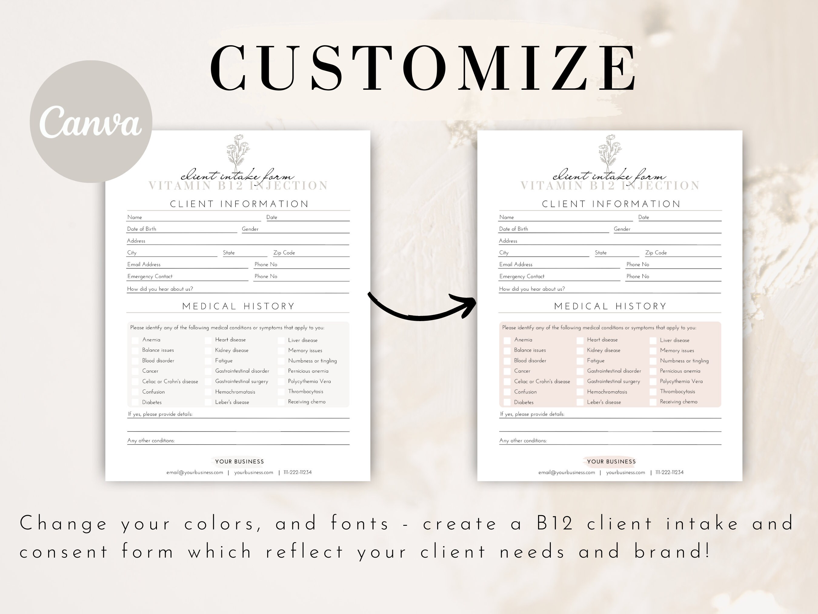 B12 Shot Consent Forms, Vitamin B12 Injection Forms, Client Intake Form