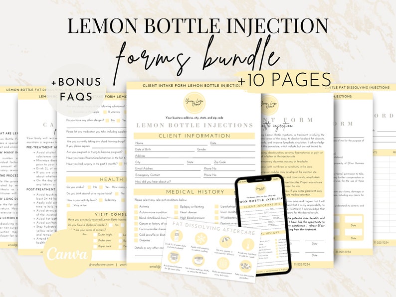 Lemon Bottle Fat Dissolving Consent Treatment Forms, Editable Client Consultation Intake Form Canva, Lemon Bottle Aftercare Informed Consent, Beauty business forms, fat dissolving forms, weight loss business