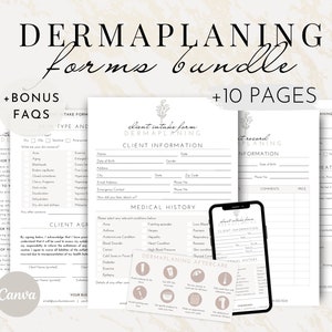 May include: A set of printable forms for dermaplaning treatments. The forms include client intake, treatment record, and aftercare instructions. The forms are designed with a minimalist aesthetic and feature a floral motif.