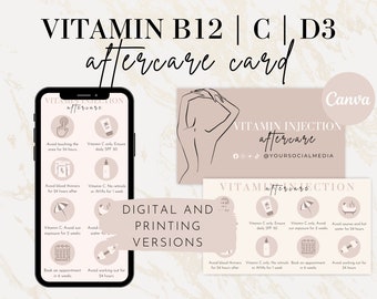 Carte post-terapia per iniezione di vitamina C D3 B12, Vit C testabile digitale, Vit D3, Vit B12 Shot Care Card, Volantino modificabile stampabile per moduli Med Spa