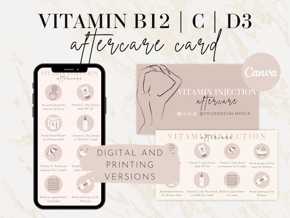 Vitamin C D3 B12 Injection Aftercare Cards, Digital Textable Vit C, Vit D3, Vit B12 Shot Care Card, Editable Printable Med Spa Forms Flyer