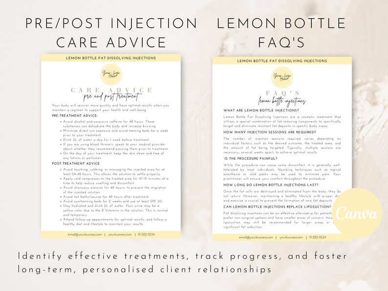 Lemon Bottle Fat Dissolving Consent Treatment Forms, Editable Client Consultation Intake Form Canva, Lemon Bottle Aftercare Informed Consent, Beauty business forms, fat dissolving forms, weight loss business