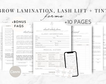 眉毛ラミネーション、ラッシュリフト、ティントフォーム - 編集可能なラッシュ同意書、眉毛ラッシュ技術相談、エステティシャンテンプレート、アフターケアカード