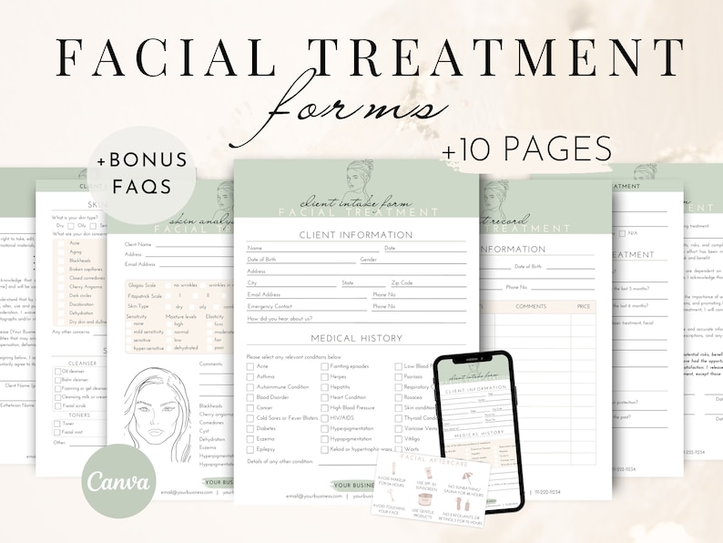 Facial Treatment Forms | Editable Esthetician Templates | Printable Skincare Consent Forms | Facial Consultation Form | Beauty Salon Forms