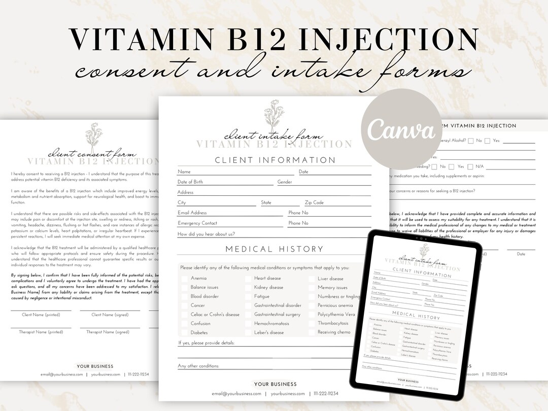 B12 Shot Consent Forms, Vitamin B12 Injection Forms, Client Intake Form
