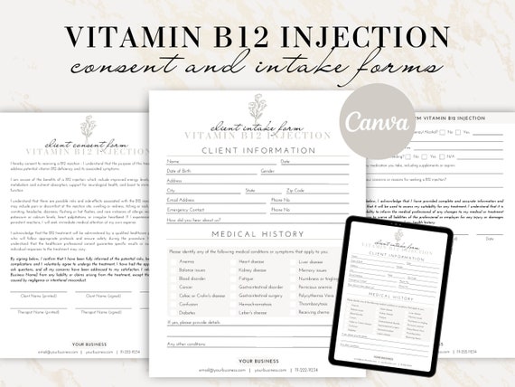 vitamin b12 injection consent form B12 Shot Consent Forms, Vitamin B12 Injection Forms, Client Intake Form,  Editable Esthetician Template, Esthetician Forms, Liability Release