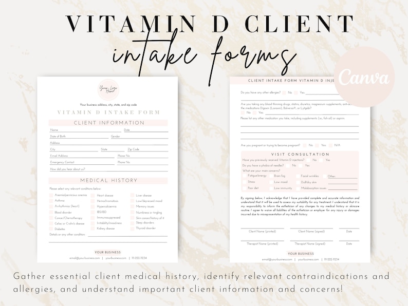 Vitamin D Injection Informed Consent Forms, Vitamin D Client Consultation Form, Vitamin D3 Shot Medical Consent Form, Editable Vit D Intake