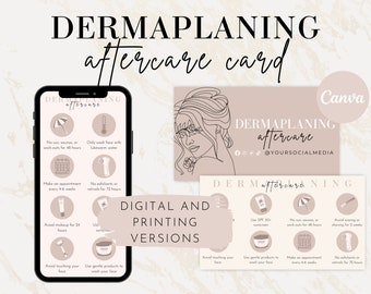 Modello di carta post-terapia per dermaplaning, carta di cura testuale digitale, istruzioni post-cura per il trattamento del viso, carte per la cura del viso modificabili Canva