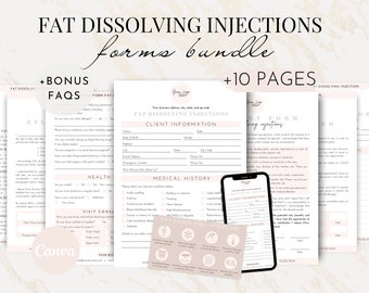 Op de afbeelding: Een set printbare formulieren voor vet-oplossende injecties. De formulieren bevatten klantgegevens, medische geschiedenis en nazorginstructies. De formulieren zijn ontworpen in een lichtroze en witte kleurschema met een marmeren achtergrond. De tekst op de formulieren is in een modern, minimalistisch lettertype. De formulieren maken deel uit van een bundel die 10 pagina's bevat.