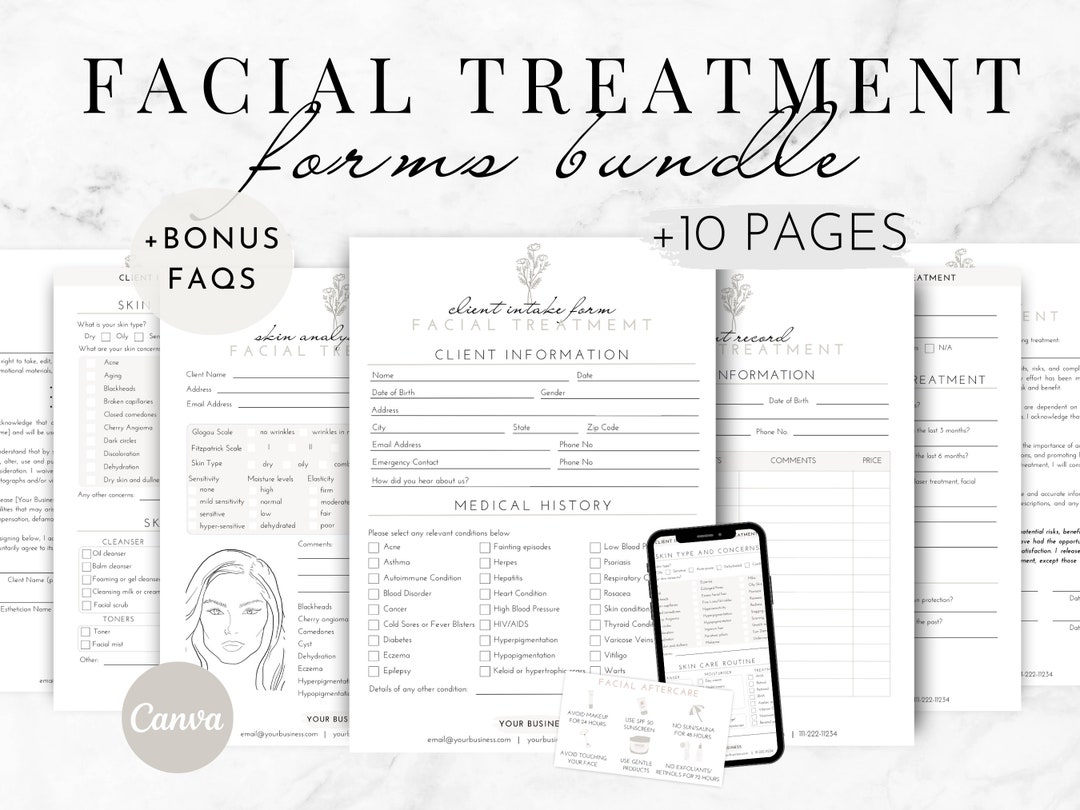 Facial Client Form Facial Treatment Forms Bundle, Editable Esthetician Template, Digital ...