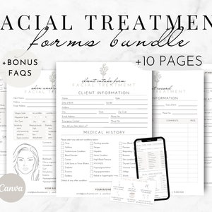 Könnte beinhalten: Ein Bündel von Gesichtsbehandlungsformularen mit minimalistischem Design. Die Formulare umfassen Kundenaufnahme, Hautanalyse und Nachsorgeinformationen. Der Text "FACIAL TREATMENT forms bundle" steht oben. Enthält einen Bonus FAQ und +10 Seiten.