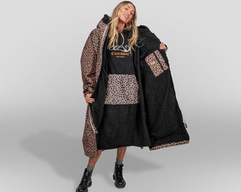 Leopard Print Beach Bundle - 1 x waterproof fleece lined outdoor changing robe + 1x hooded poncho towel Perfect for Outdoor Swimming surfing