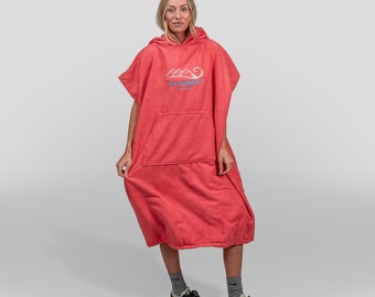 Cosimac Kapuzenponcho Handtuch | Super saugfähiger Outdoor-Umkleidemantel für schnelles Trocknen am Strand nach dem Schwimmen oder Surfen Sunset Red