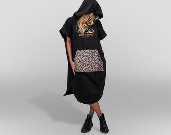Cosimac Hooded Poncho Towel - Leopard Print - Fast Drying lightweight beach towel robe in black in leopard print. Perfect for sea swimming
